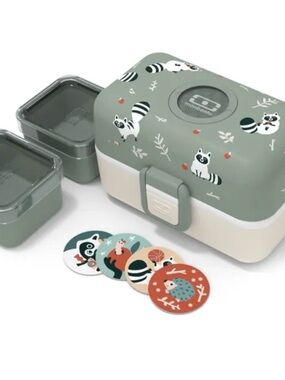 Monbento Kids Lunch Box Set - Green Raccoon Print